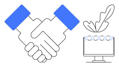 Tokalaşma ortaklığı, işbirliği ve anlaşmayı temsil eder. Belgeli ekran, yaprak dijital sözleşmeleri simgeler. İş anlaşmaları, takım çalışması, çevrimiçi anlaşmalar, dijital imzalar için ideal