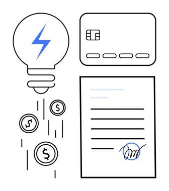 Bozuk paralı ampul, bir kredi kartı ve imzalı bir belge. Finans, bankacılık, dijital ödemeler, sözleşmeler, yenilik girişimciliği ve iş büyümesi için idealdir. Satır metaforu