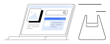 Arama çubuğu, resim ve metin ögeleriyle çevrimiçi mağaza web sayfasını gösteren dizüstü bilgisayar. Siyah ve mavi renkler. E-ticaret, çevrimiçi alışveriş, dijital pazarlama, web tasarımı, tüketici davranışı için ideal