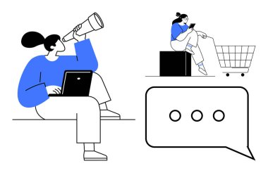 Dizüstü bilgisayarı ve teleskopu olan bir kadın, telefon ve alışveriş arabası olan bir diğeri, elipsi olan bir mesaj balonu. İş arama, uzaktan çalışma, çevrimiçi alışveriş, iletişim ve modern teknoloji için ideal