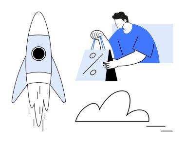 Roket fırlatma, indirimli etiketli bir alışveriş çantası tutan kişi, bulut çizgisi. E-ticaret, pazarlama, iş büyümesi, girişimler, promosyonlar dijital satışlar için idealdir. Satır metaforu