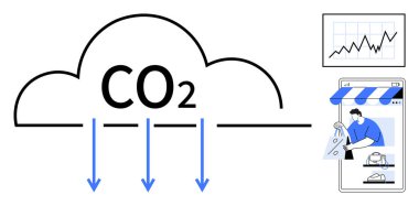 Aşağı doğru oklu CO2 bulutu, mobil alışveriş ve yükselen veri grafiği. İklim değişikliği için ideal, çevresel etki, e-ticaret, veri analizi, sürdürülebilir uygulamalar, sera gazları karbon