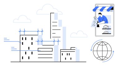 Çağdaş şehir silueti vinçler ve inşaat, akıllı telefon ve bir dünya ikonu üzerinde online alışveriş sahnesi ile harmanlanıyor. Kentselcilik, mimarlık, e-ticaret, küreselleşme için ideal