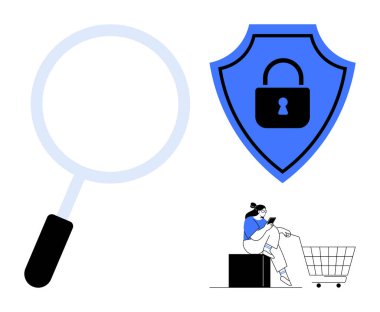 Büyüteç, kilitli kalkan ve alışveriş arabalı kadın e-ticarette güvenliği temsil ediyor. Çevrimiçi güvenlik, veri koruması, güvenli işlemler, siber güvenlik ve akıllı alışveriş için ideal