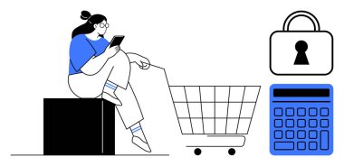 Cep telefonundaki kadın alışveriş arabası, kilit ve hesap makinesi simgelerinin yanında. Çevrimiçi alışveriş, e-ticaret, güvenlik, bütçe oluşturma, dijital işlem mobil uygulamalarını finanse etmek için idealdir. Satır metaforu