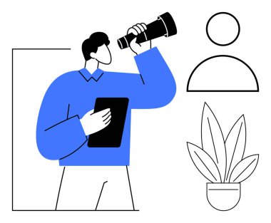 Teleskop ve tablet taşıyan bir işadamı, kullanıcı ikonu, saksı bitkisi. Vizyon, fırsatlar, gelecek planlama, büyüme, kariyer geliştirme stratejik planlama için idealdir. Soyut çizgi düz metafor