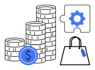 Madeni para yığınları maddi büyümeyi, mavi doları, teçhizat bulmacasını ve etiketli alışveriş torbasını sembolize ediyor. Finans, tasarruf, iş stratejisi ve e-ticaret için ideal