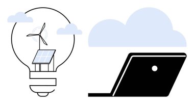 Light bulb with solar panel and wind turbine, laptop connected to cloud. Ideal for green energy, sustainability, technology integration, innovation, renewable resources, futuristic concepts clipart