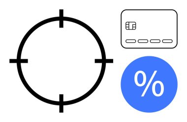 Dairesel hedef, kredi kartı, mali hedefleri ve tasarruf hedeflerini vurgulayan mavi yüzde işareti. Mali planlama, bütçe yönetimi, kredi yönetimi, yatırım, bankacılık, tasarruf için ideal