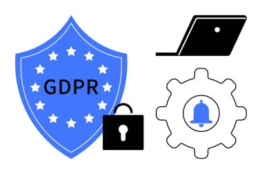 GDPR etiketli mavi kalkan, siyah asma kilit, dizüstü bilgisayar ve teçhizat bildirim simgesi. Veri koruması, mahremiyet, bilişim güvenliği, uyum, siber güvenlik düzenleyici çerçeve çevrimiçi için ideal