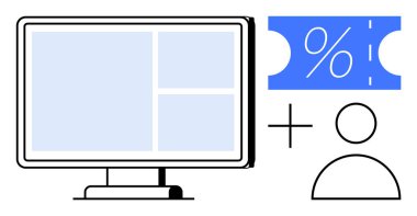 Bilgisayar monitörü mavi indirim kuponu ve bir kullanıcı profili simgesinin yanında ızgara düzeni gösteriyor. E-ticaret, satış, kullanıcı deneyimi, dijital pazarlama, çevrimiçi perakende, müşteri ilişkileri için ideal