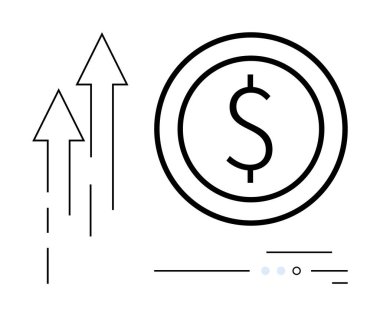 Çemberin içindeki büyük dolar işareti, üç yukarı doğru ok ile birlikte finansal büyüme ve ekonomik ilerlemeyi gösteriyor. Finans konuları, yatırım stratejileri, ekonomik tahminler, iş büyümesi için ideal