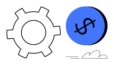 Minimalist bulut çizgilerinin yanında dolar işareti olan vites biçimli mavi daire. İş, finans, ekonomi, verimlilik, endüstri, üretkenlik ve yenilik için ideal. Basit soyut çizgi düz