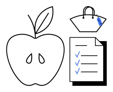 Tohumlu ve yapraklı elma, mavi etiketli çanta, mavi işaretli kontrol listesi. Market alışverişi, sağlık, organizasyon, yemek planlama, beslenme yönetimi fitness hedefleri için idealdir. Soyut