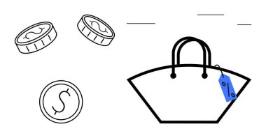 Üzerinde dolar işareti olan üç bozuk paranın yanında mavi fiyat etiketi olan bir alışveriş çantası. Ekomünikasyon, perakende, tüketim, bütçe, alışveriş, pazarlama, finansal planlama için ideal. Basit soyut çizgi