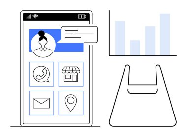 Akıllı telefon arayüzü veri analizini temsil eden kullanıcı profili, alışveriş çantası, iletişim, depolama, e-posta ve konum simgeleri. E-ticaret ve dijital perakende için ideal