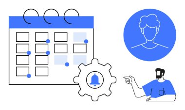 İşaretli tarihli takvim, vites simgesinde uyarı zili, erkek karakter gösterimi, profil simgesi. Zamanlama, hatırlatıcılar, zaman yönetimi, organizasyon, randevu bildirimleri için ideal