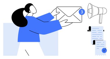 Elinde tebligat sembolü, megafon ve belgeler olan büyük bir e-posta zarfı tutan kişi. E-posta yönetimi, iletişim, bildiriler, ofis işleri, verimlilik için ideal. Basit modern biçim
