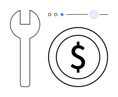 İngiliz anahtarı, dolar parası, mavi noktalı ve işaretli ilerleme göstergeleri. Mali yönetim, yatırım stratejileri, bütçe planlaması, bakım maliyetleri, süreç izleme, hedef başarı için ideal