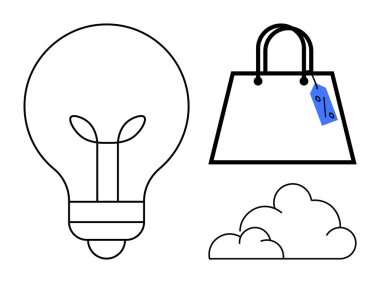 Ampul, fiyat etiketli alışveriş çantası ve minimalist çizgi sanatında bulut elementleri. Ticari yenilik, e-ticaret, bulut depolama, dijital pazarlama, alışveriş, yaratıcılık finans teknolojisi için ideal