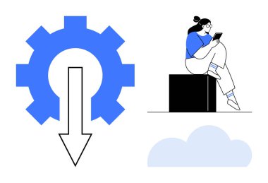 Küp üzerinde okunan kişinin yanında aşağı doğru ok ile vites. Üretkenlik, karar verme, analiz, teknoloji, iş akışı, süreç yönetimi, iş stratejisi için idealdir. Satır metaforu