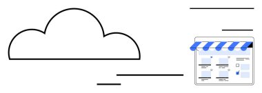 Bulut, dijital perakende satış, bulut hizmetleri ve çevrimiçi veri depolamayı sembolize eden bir e-ticaret mağazasına bağlanıyor. Dijital iş için ideal, çevrimiçi alışveriş, bulut hesaplama, veri yönetimi