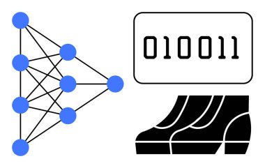 Birbirine bağlı düğümlere sahip sinirsel ağ diyagramı, bir kutuda ikili kod 010011, ve çizilmiş ayakkabı imgesi. Yapay zeka, makine öğrenimi, teknoloji, veri işleme, dijital dönüşüm için ideal
