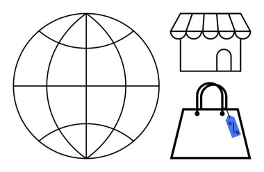 Küresel erişimi temsil eden dünya, yerel işletmeleri simgeleyen mağaza önü ve alım satımı gösteren fiyat etiketli alışveriş torbası. İş büyümesi, çevrimiçi alışveriş, perakende satış ve pazarlama için ideal