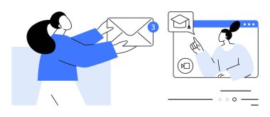 Bildirimli bir zarf tutan kadın. El kaldıran bir öğrenciyle çevrimiçi öğrenme ekranı. E-öğrenim, sanal iletişim, çevrimiçi istişareler, uzaktan eğitim için ideal