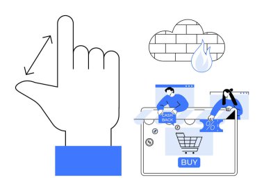 Büyük el hareketi kontrolleri online alışveriş arabası, nakit para, indirimler gösteriyor. Bulut güvenliği, yangın güvenlik simgeleri. E-ticaret için ideal, çevrimiçi güvenlik, dijital uygulamalar, fintech tüketici teknolojisi