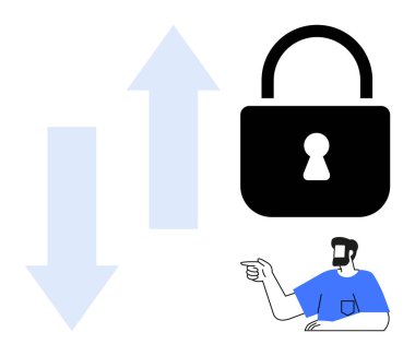 Kilidi işaret eden kişi, güvenliği vurguluyor. Oklar veri akış yönünü, altını çizme kontrolünü gösteriyor. Veri gizliliği, şifreleme, dijital güvenlik, erişim denetimi ve bilgi için ideal