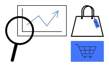 Büyüteç, yukarı doğru büyüme çizelgesi etiketli alışveriş torbası, el arabası simgesi. Piyasa analizi, e-ticaret eğilimleri, çevrimiçi alışveriş, satış büyümesi, iş stratejisi tüketici davranışı için ideal