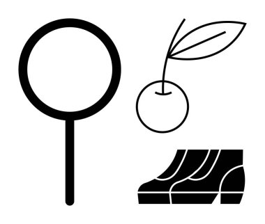 Büyük büyüteç, yapraklı kiraz ve siyah çizgilerle şekillendirilmiş kitap yığını. Araştırma, eğitim, doğa, bilgi, keşif minimalizm analizi için idealdir. Soyut çizgi düz metafor