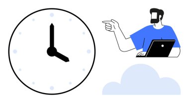 Dizüstü bilgisayardaki adam, görünür elleri olan büyük saat, bulut simgesi. Üretkenlik, uzaktan çalışma, zaman yönetimi, çevrimiçi işbirliği, bulut hesaplama, verimlilik iş-yaşam dengesi için ideal