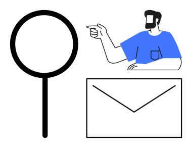 Büyüteç, işaret eden adam ve zarf ikonu iletişim araması, keşif, bilgilendirme ve etkileşim. Pazarlama, iletişim stratejileri ve e-posta kampanyaları için ideal kullanıcı deneyimi