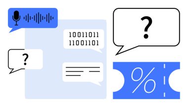 Mikrofonlu konuşma baloncukları, ikili kod, soru işaretleri, metin satırları ve yüzde işareti. İletişim, veri yorumlaması, teknoloji, dijital etkileşim bilgileri için ideal