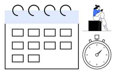 Spiral ciltli takvim ızgarası, zaman yönetimini gösteren kronometre, akıllı telefon kullanan kadın. Üretkenlik, zamanlama, zaman yönetimi, görev planlaması, kişisel