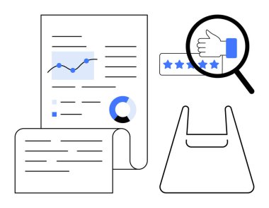 Grafikler, pasta grafikleri ve analitik raporlar artı beş yıldızlı başparmağında büyüteç ve e-ticaret için bir alışveriş çantası. İş büyümesi, müşteri geribildirimi, piyasa araştırması için ideal