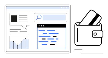 Finansal analiz çizelgesi, arama çubuğu ve ödeme kartı olan bir cüzdanın yanında sohbet balonu olan bir ekran. Finans, fintech, bütçe, çevrimiçi bankacılık, alışveriş, e-ticaret teknolojisi için ideal