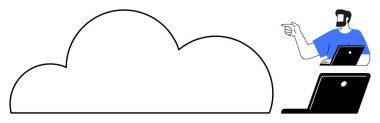 Büyük bir bulut simgesini işaret eden bir adam, yanındaki dizüstü bilgisayarda, mavi gömlekli. Temalar için ideal başparmak bulut bilgisayarı, veri depolama, uzaktan erişim, internet teknolojisi, dijital dönüşüm, yazılım