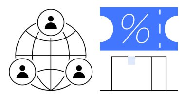 Küresel ağı sembolize eden üç kullanıcı simgesi. Bitişikteki mavi indirimli bilet bir satış teklifini gösteriyor. E-ticaret, pazarlama, küresel sosyal yardım, ağ, müşteri