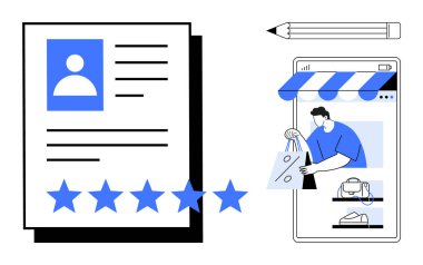 Profil fotoğrafı, metin ve 5 yıldızlı bir belge. Seyyar ekranda internetten alışveriş yapan bir kişi var. E-ticaret, müşteri geribildirimi, çevrimiçi değerlendirmeler, mobil alışveriş için ideal