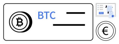 Bitcoin ve Euro para birimi sembollerinin yer aldığı dijital arayüz, Ödeme düğmeli çevrimiçi ödeme faturası ve siyah çizgiler. Fintech, kripto para birimi, e-ticaret, çevrimiçi işlemler, finansal işlemler için ideal