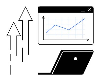 Yukarı bakan oklar, bilgisayar ekranında bir çizgi grafiği ve açık bir dizüstü bilgisayar iş büyümesi, veri analizi, başarı, ilerleme, finansal trendler, teknoloji ve verimliliği iletir. İdeal