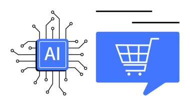 Devrelere bağlı yapay zeka mikroçipi, alışveriş arabası ikonlu konuşma balonu. Teknoloji, yapay zeka, e-ticaret, dijital pazarlama, perakende satış, online alışveriş, otomasyon için ideal. Satır metaforu