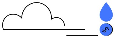 Çizgileri, mavi damlacıkları, dolar işaretli bozuk paraları olan bulutlar. Teknoloji, finans, bağlantı, bulut depolama, dijital dönüşüm ekonomik verimlilik veri akışı için idealdir. Basit soyut çizgi