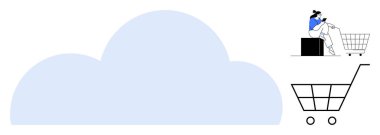 Alışveriş arabasının yanındaki kutuda akıllı telefon kullanan büyük bir bulut. Bulut teknolojisi, e-ticaret, çevrimiçi alışveriş, dijital dönüşüm, bağlantı, modern tüketim için ideal