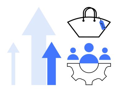 Büyümeyi temsil eden oklar, perakende veya ticareti gösteren etiketli alışveriş torbası, işbirliği veya takım çalışmasını sembolize eden dişli takım. İş büyümesi, perakende stratejisi, takım çalışması ve yenilik için ideal