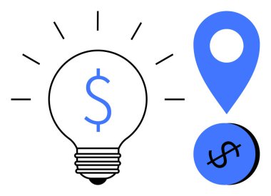 Dolar işareti ve mavi lokasyon broşlu ampul, maddi yaratıcılığı ve stratejik yerleştirmeyi temsil eden dolar işareti bozuk para. İş, yatırım, büyüme, yenilik, strateji ve finans için ideal
