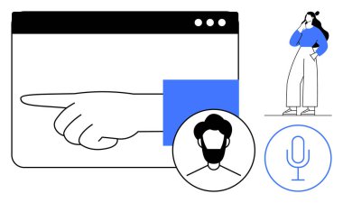 İşaretli eli olan tarayıcı penceresi, insan profili simgesi ve kullanıcı arayüzü ve iletişimini temsil eden mikrofon. Düşünceli bir şekilde çekici bir kadın. Dijital etkileşim, kullanıcı deneyimi ve web için ideal